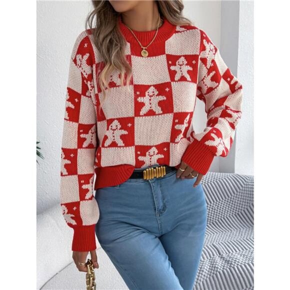 Christmas Checkerboard Gingerbread Round Neck Sweater - Picture 10 of 11